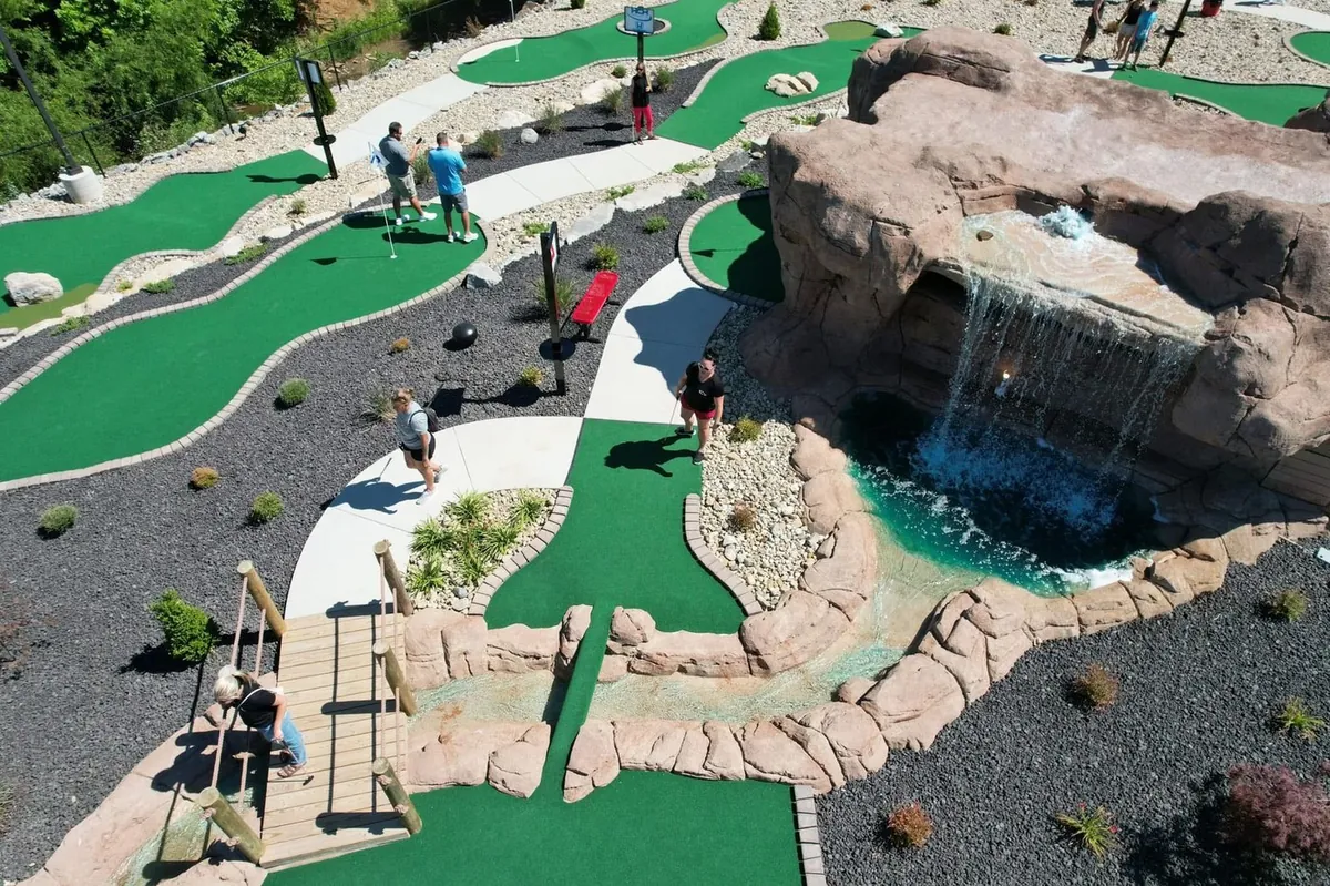 Aerial view of the Heartland Mini Golf course with waterfall