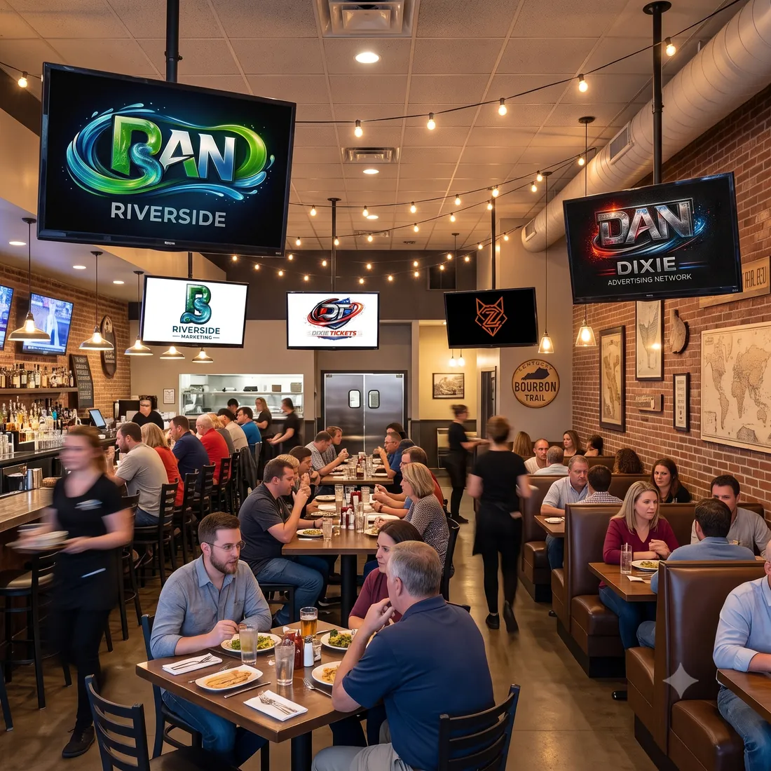 Concept rendering of a busy restaurant with network ads on the screens