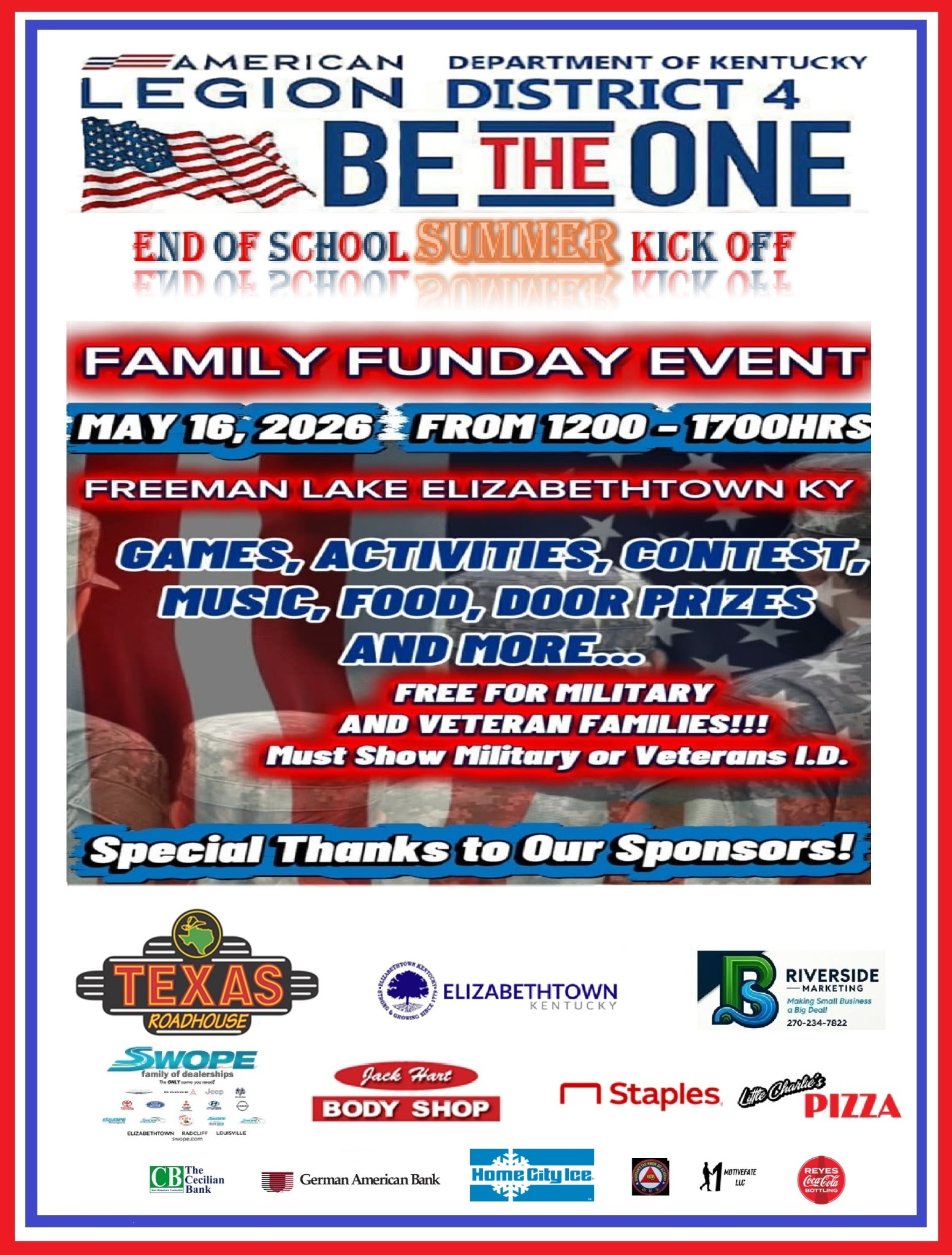 American Legion District 4 — Be The One Summer Kickoff at Freeman Lake, May 16, 2026